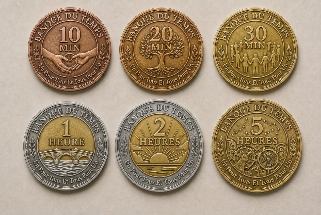 Série approuvée des faces et revers de six pièces de la Banque du Temps — 1/2