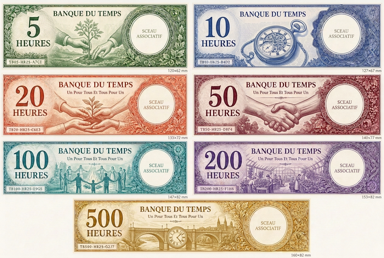 Série approuvée de sept billets de la Banque du Temps, de 5 à 500 heures — 2/2