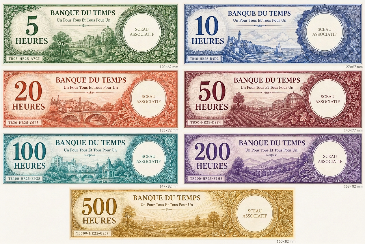 Série approuvée de sept billets de la Banque du Temps, de 5 à 500 heures — 1/2